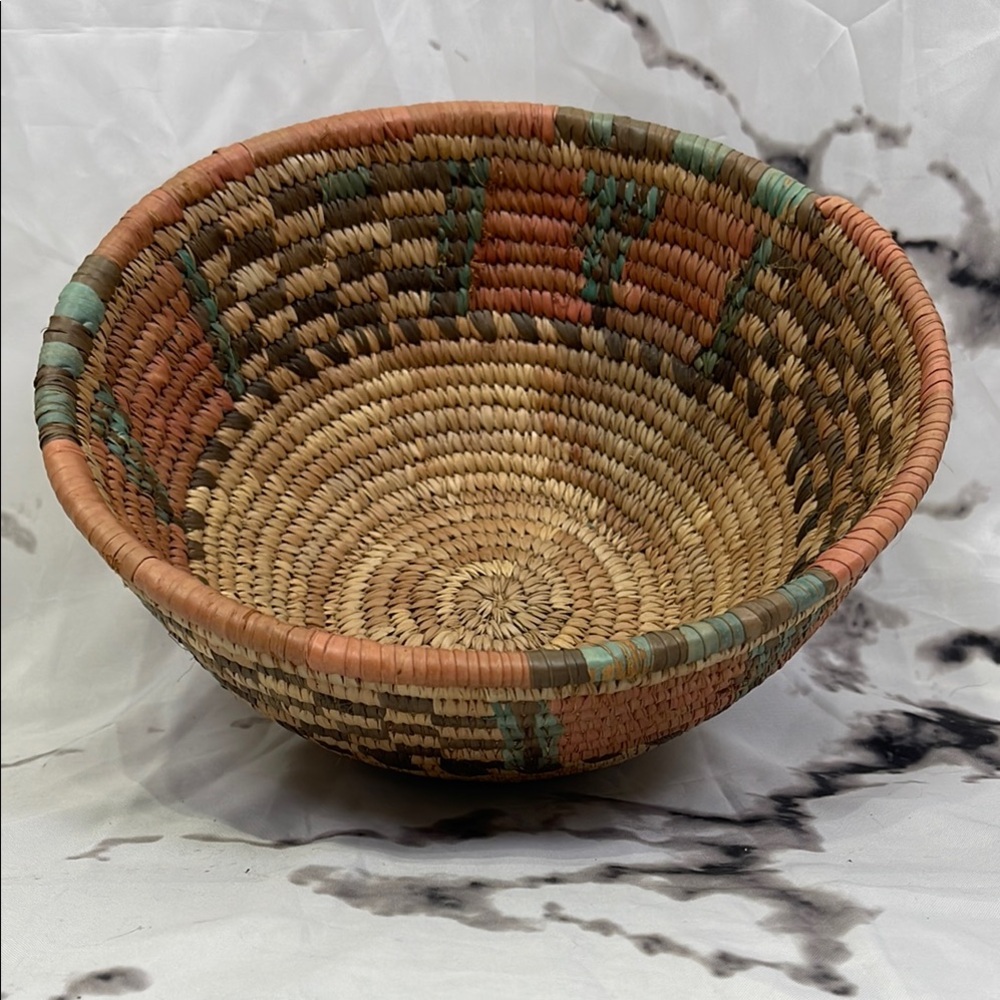 Handwoven Multicolor Basket Bowl Tan,Teal, Orange, Brown Hues Southwestern